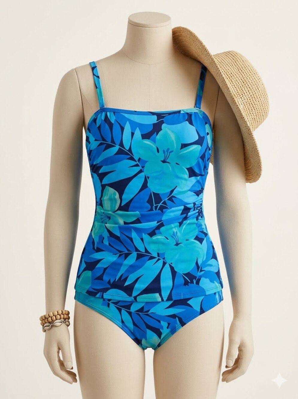Vintage Roxanne Perfection Fit One Piece Swimsuit Blue Floral 10/32B Ruched